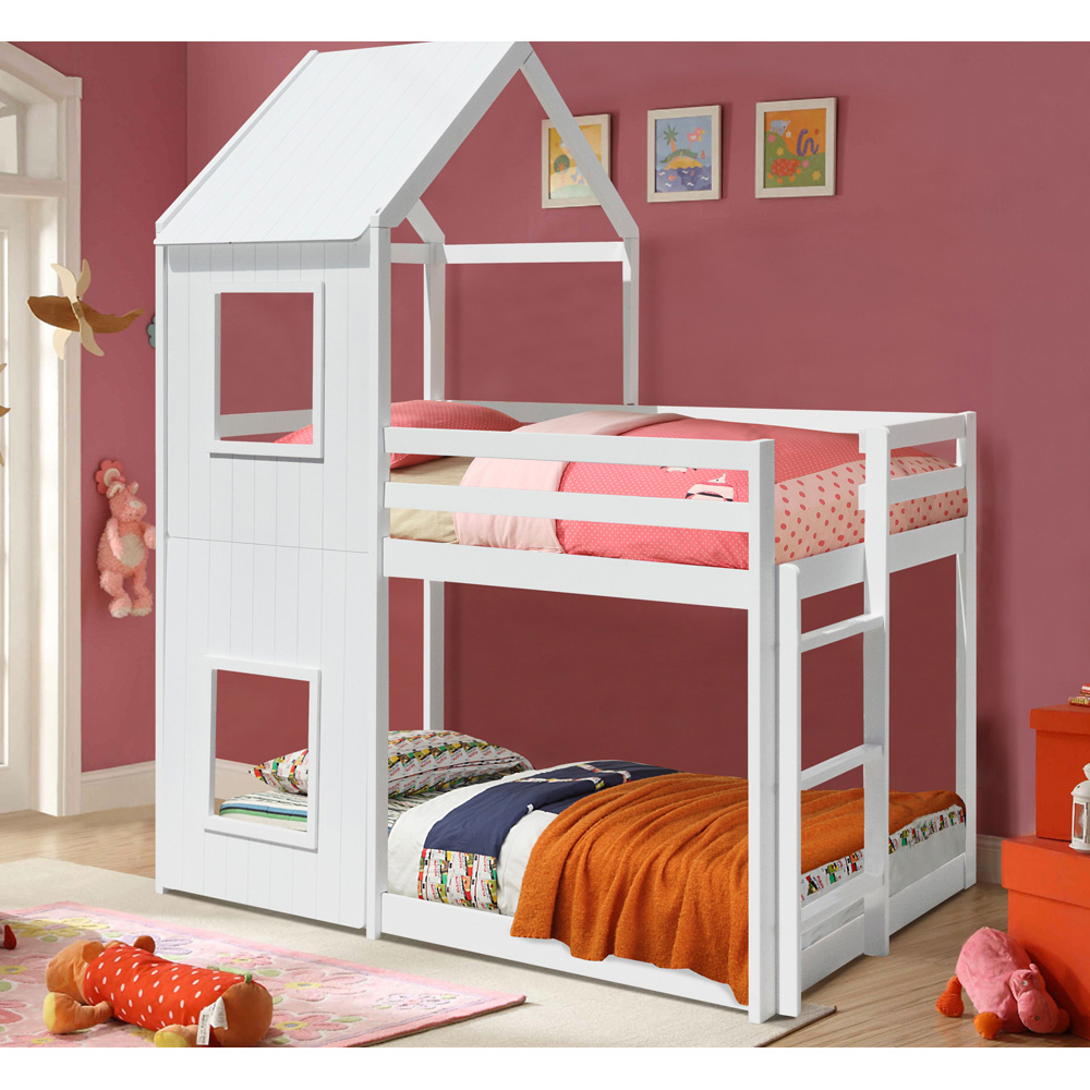 Comfy Living House Style White Wooden Bunk Bed Image 3