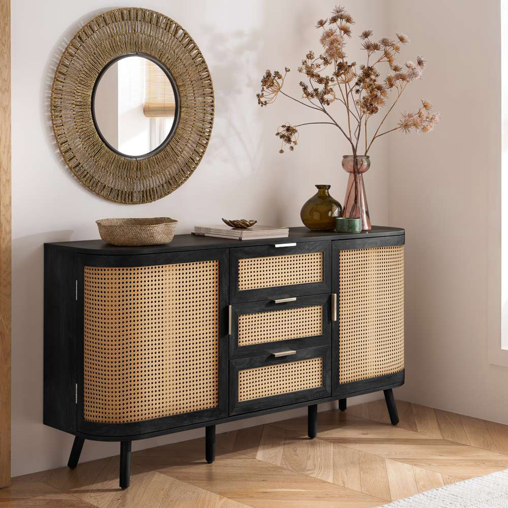 Birlea Noah 2 Door 3 Drawer Black Rattan Sideboard Image 8