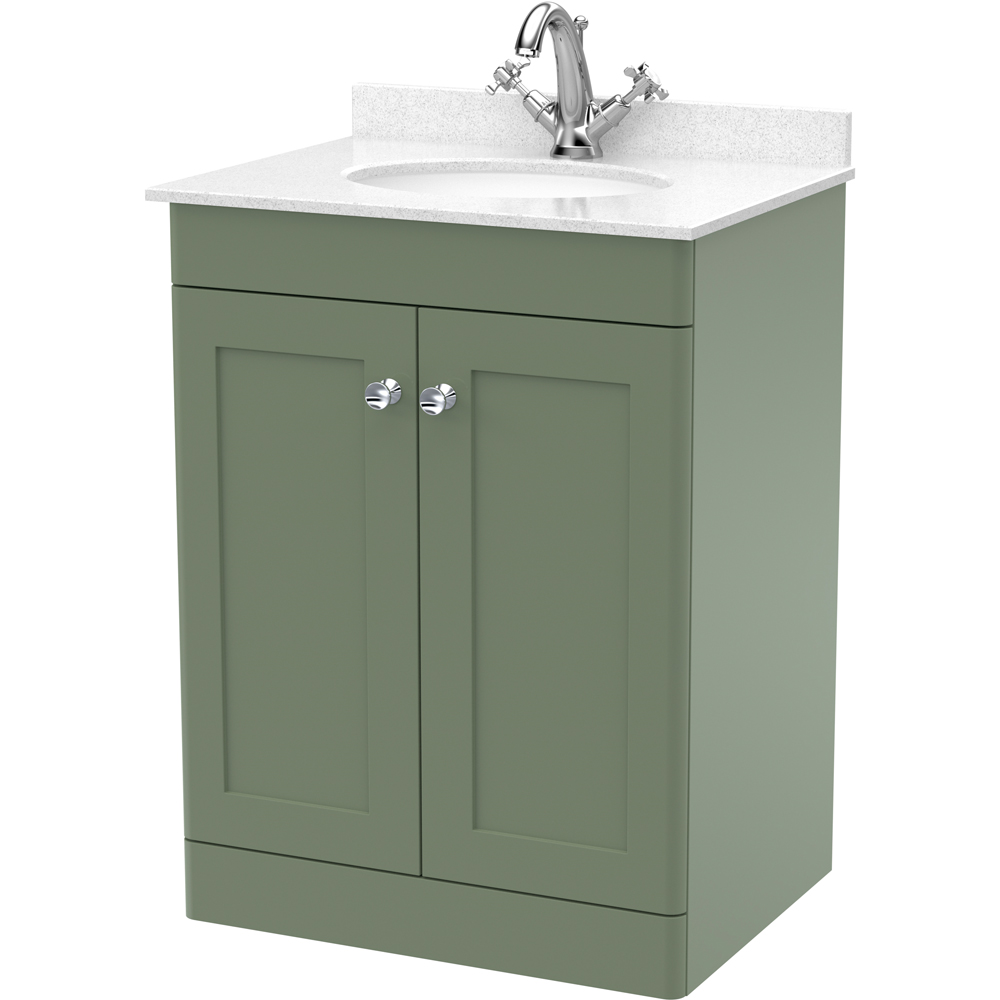nuie Classique 2 Door Satin Green Floor Standing Unit and 1 Tap Hole Marble Top Oval Basin 600mm Image 1