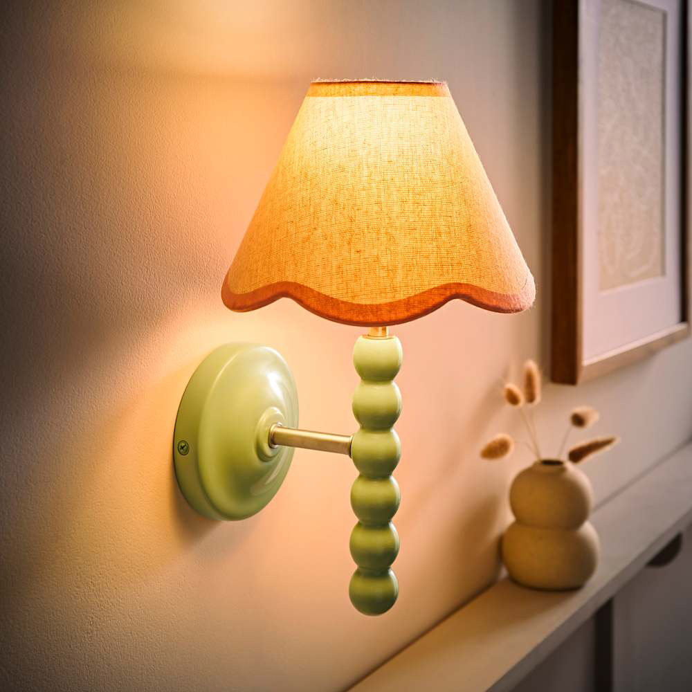 ValueLights Pink Trim Scallop Shade Green Bobbin LED Wall Light with Bulb Image 2