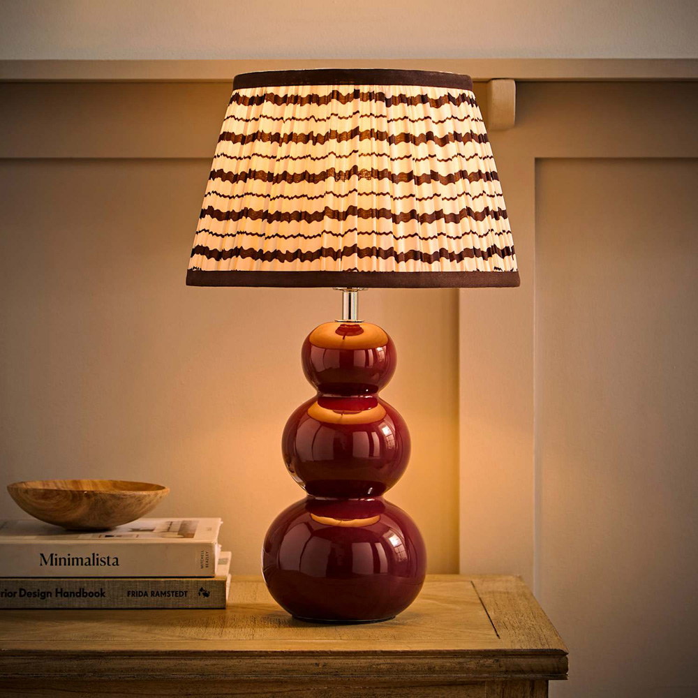 ValueLights Edie Striped Pleat Shade Burgundy Ceramic Table Lamp with Bulb Image 2