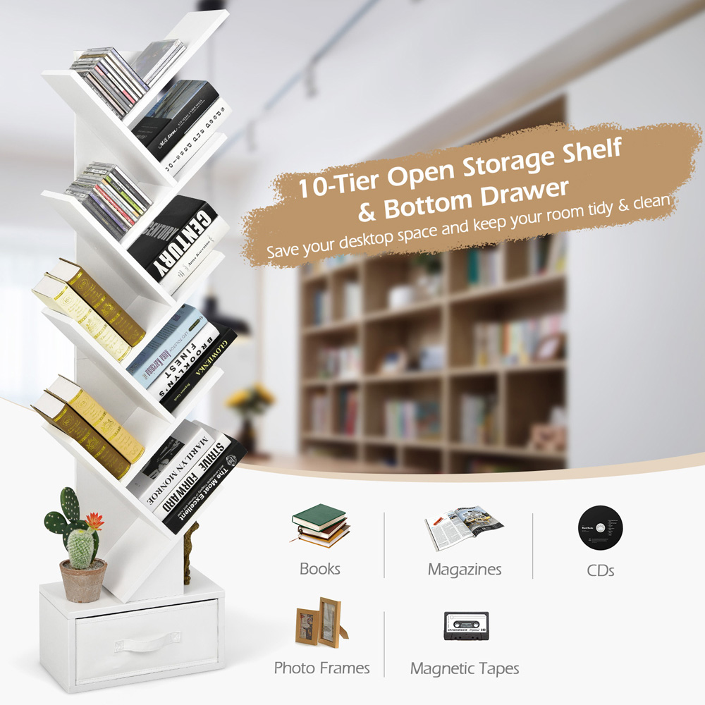 Costway Single Drawer 10 Shelf White Tree Bookshelf Image 5