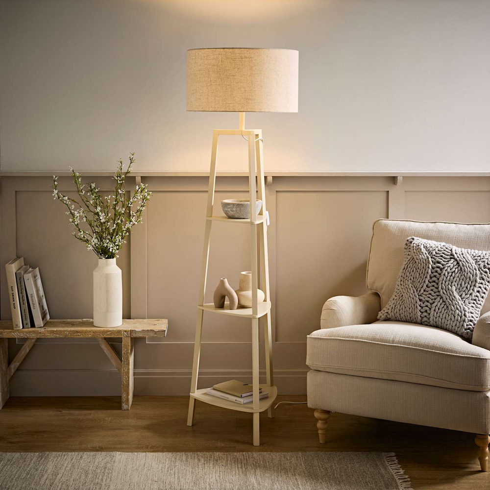 ValueLights Hiru 3 Shelf Linen Drum Shade Cream Wooden Floor Lamp with Bulb Image 5