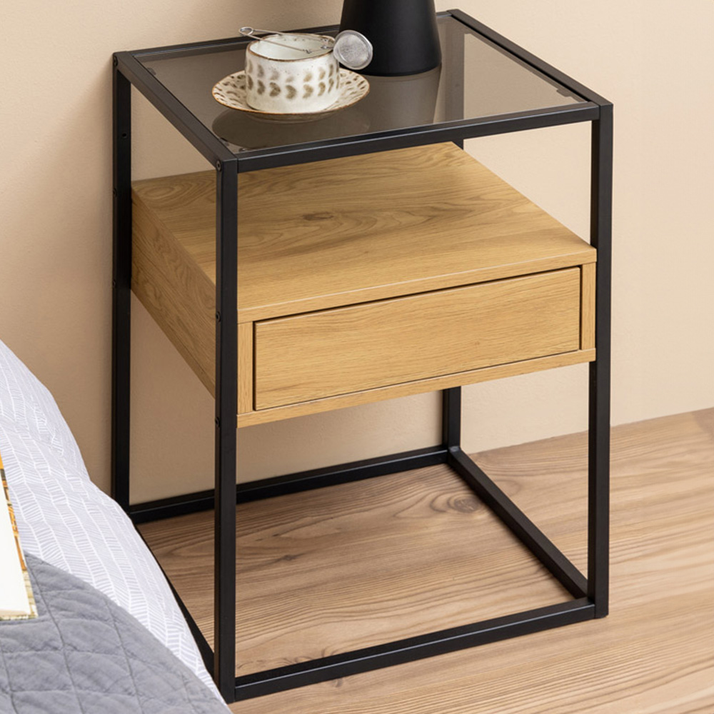 Florence Randolf Single Drawer Single Shelf Black and Oak Smoked Glass Bedside Table Image 1