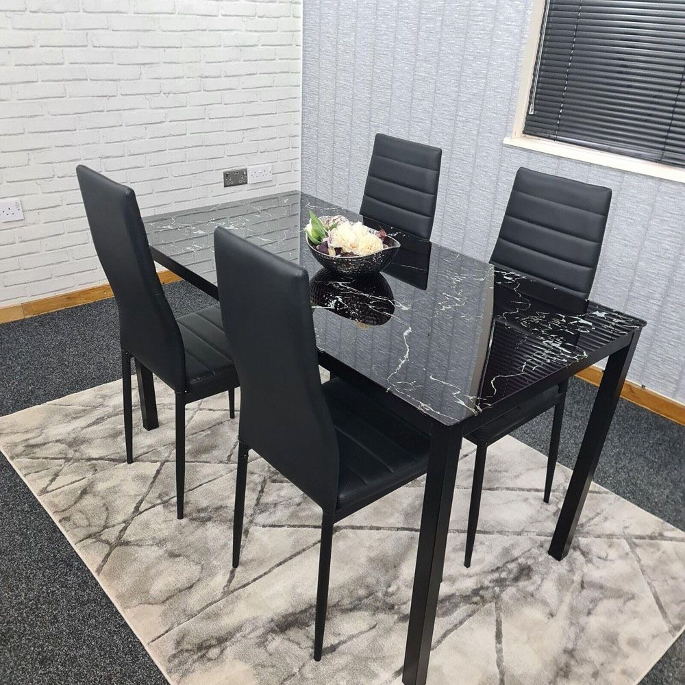 Portland 4 Seater Faux Leather Marble Effect Tabletop Dining Set Black Image 3