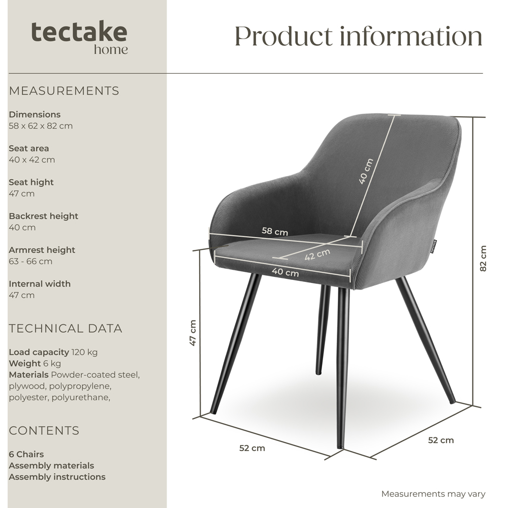 tectake Marilyn Set of 6 Grey Black Corduroy Dining Chair Image 9