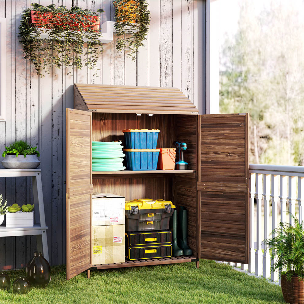 Outsunny 3.3 x 1.7ft Mixed Brown Wooden Garden Storage Shed with Double Doors and Shelves Image 4