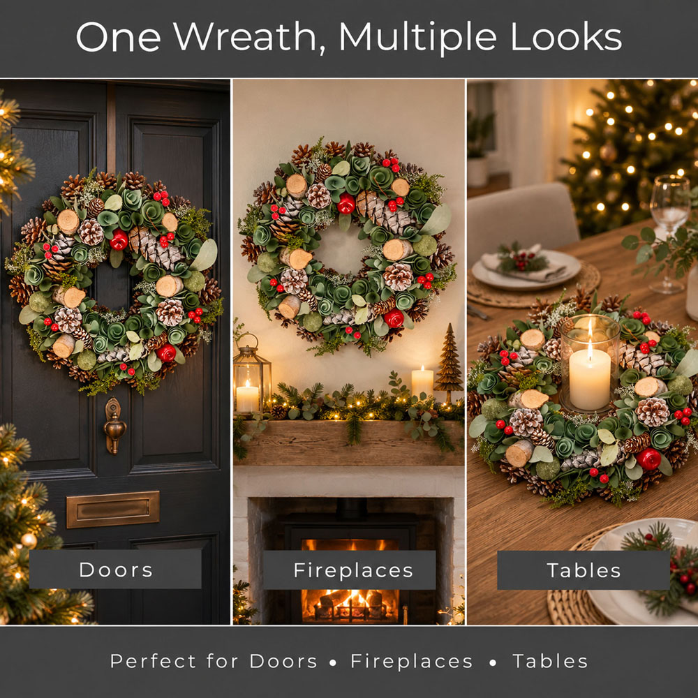 Neo Wooden Accent Artificial Christmas Wreath with Berries and Pine Cones 50cm Image 6