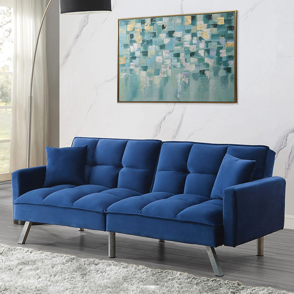 Portland 2 Seater Blue Velvet Sofa Bed with Pillows Image 8