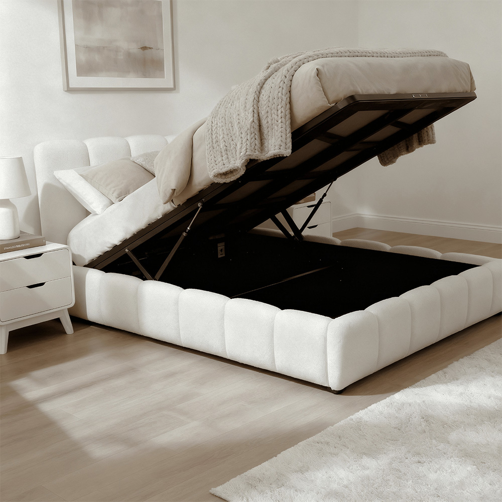 Home Source Bubble King Size White Textured Velvet Lift-Up Ottoman Bed with Fluted Headboard Image 7