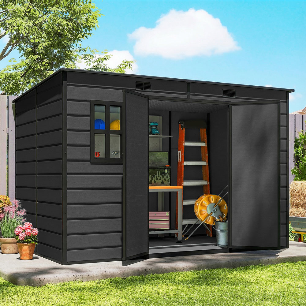 Outsunny 10 x 6ft Dark Grey Pent Garden Shed with Built-In Floor Image 2