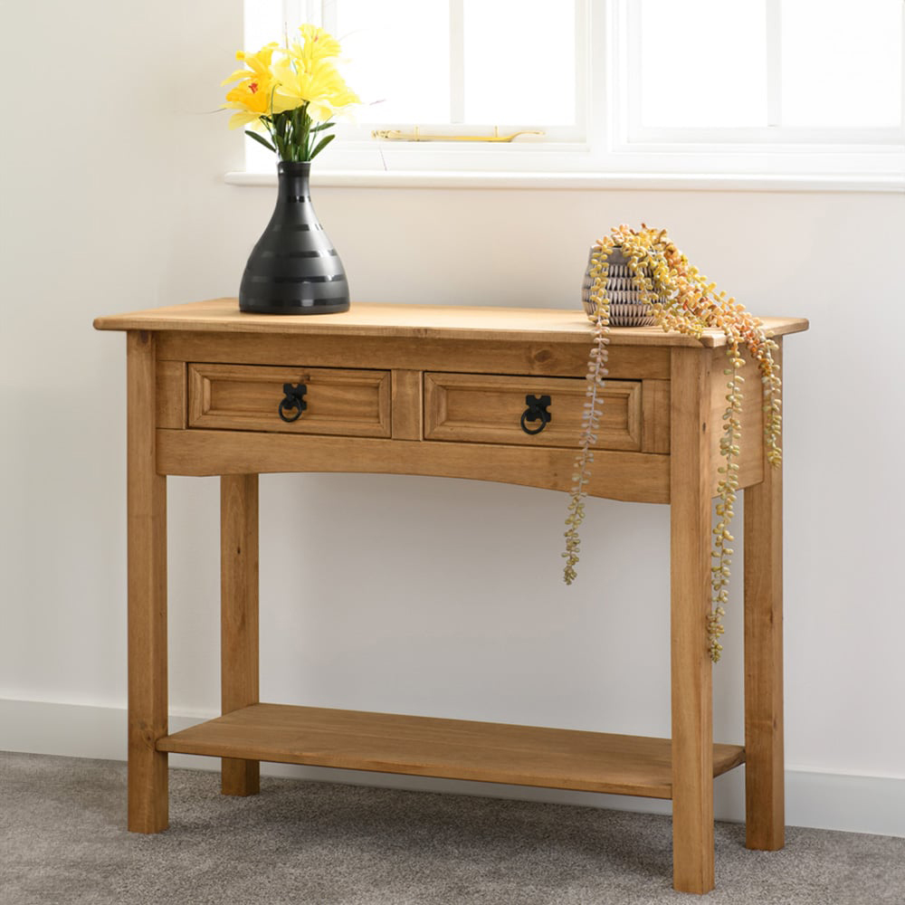 Seconique Corona 2 Drawer Single Shelf Distressed Waxed Pine Console Table Image 7