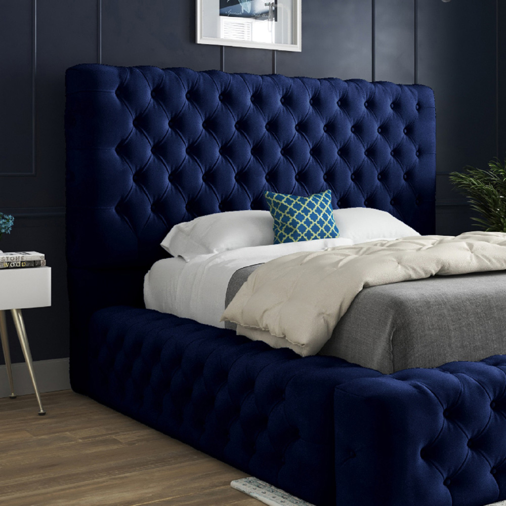 Grand Milan Blue Double Upholstered Bed Frame with Pleated Chesterfield Headboard Image 3