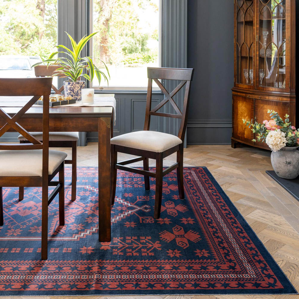 Kukoon Asha Red and Navy Flat Persian Style Vintage Rug 160 x 230cm Image 1