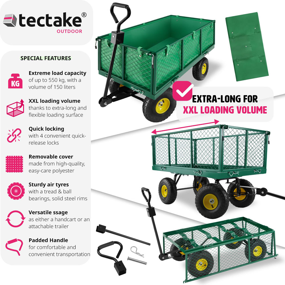 tectake Green Garden Trolley with Foldable Side Walls and Padded Handle 550kg Image 6
