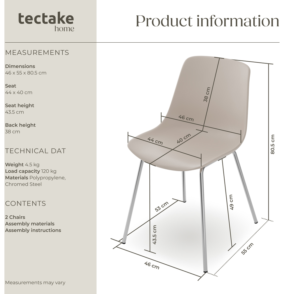 tectake Mave Set of 2 Taupe and Chrome Ergonomic High Backrest Dining Chair Image 9