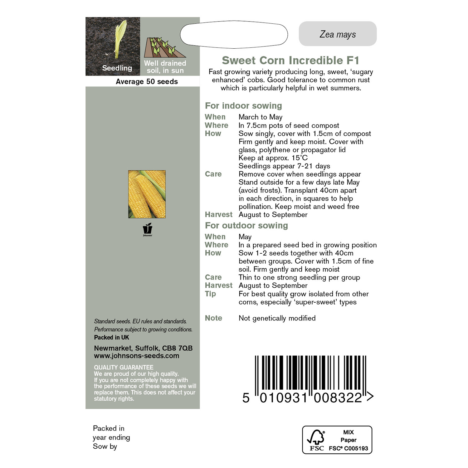 Johnsons Incredible F1 Sweet Corn Seeds Image 3