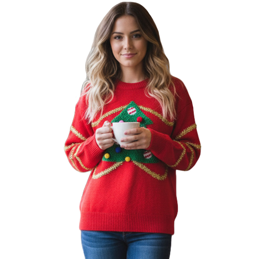 Noel Square Tree Crew Neck Xmas Jumper XL Red Image 1