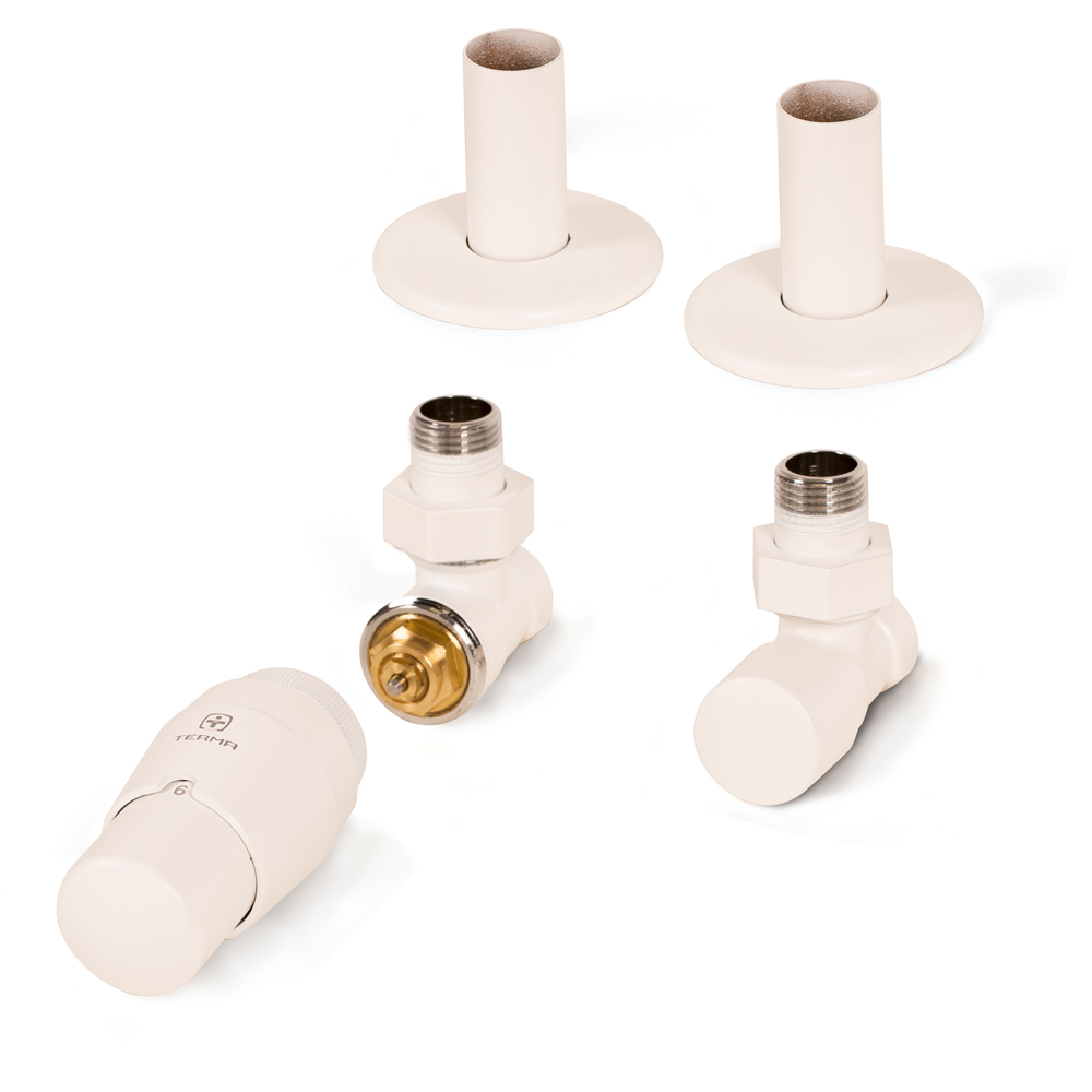 Terma Vario Matt White Royal Angled Thermostatic Radiator Valve Set with Pipe Masking Set Image 2