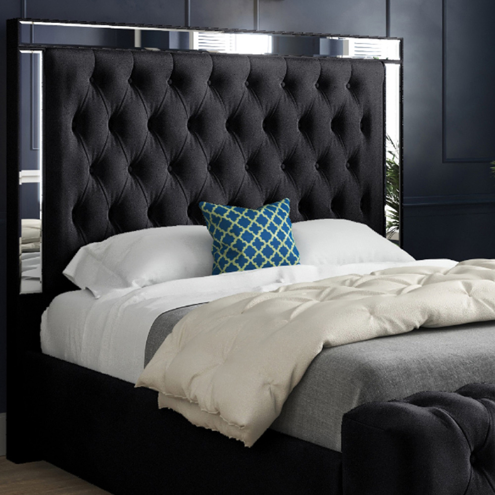 Marino Black Small Single Velvet Upholstered Bed Frame with Mirrored Headboard Image 3