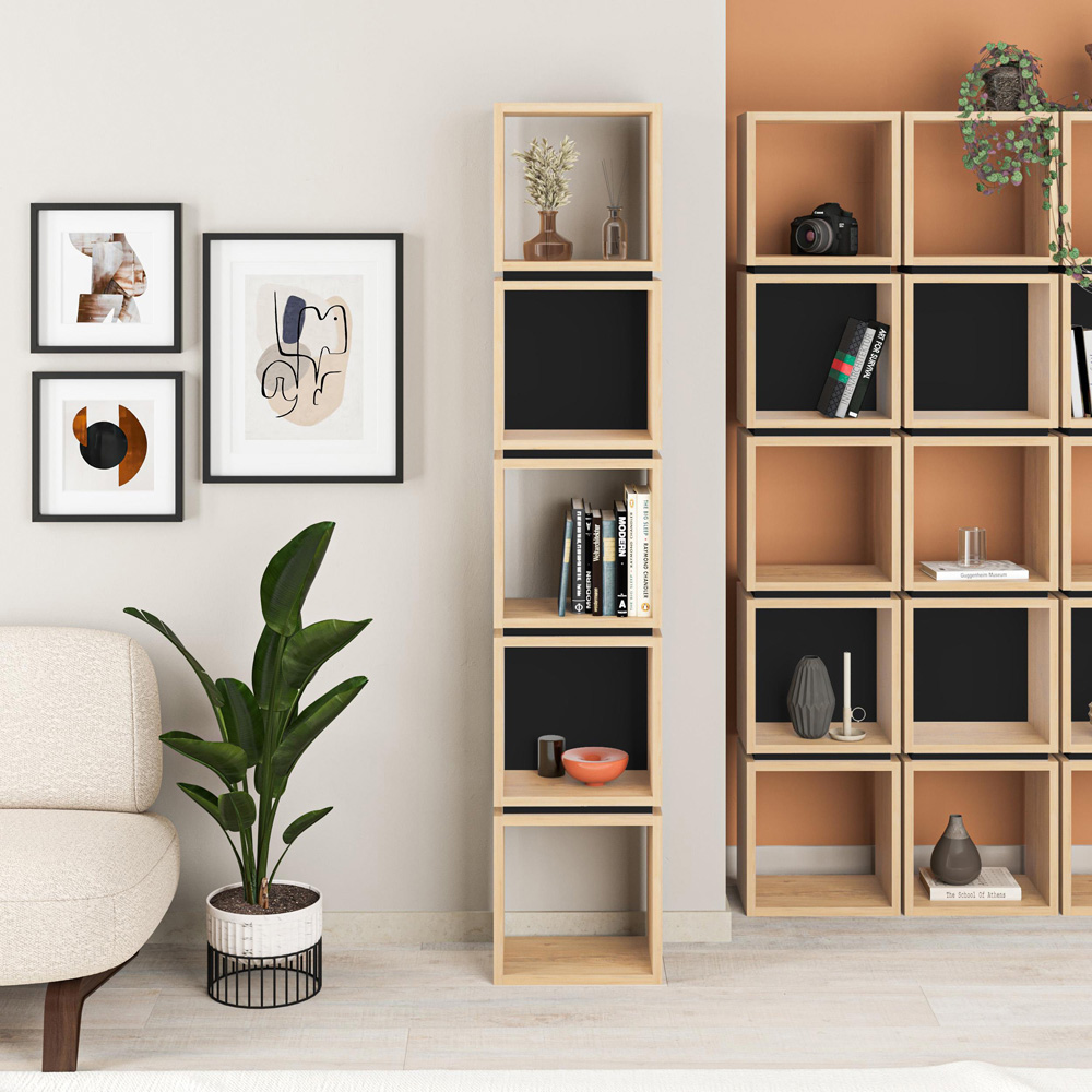 Decortie Multipurpose 5 Shelf Sapphire Oak Silky Black Bookcase Image 5