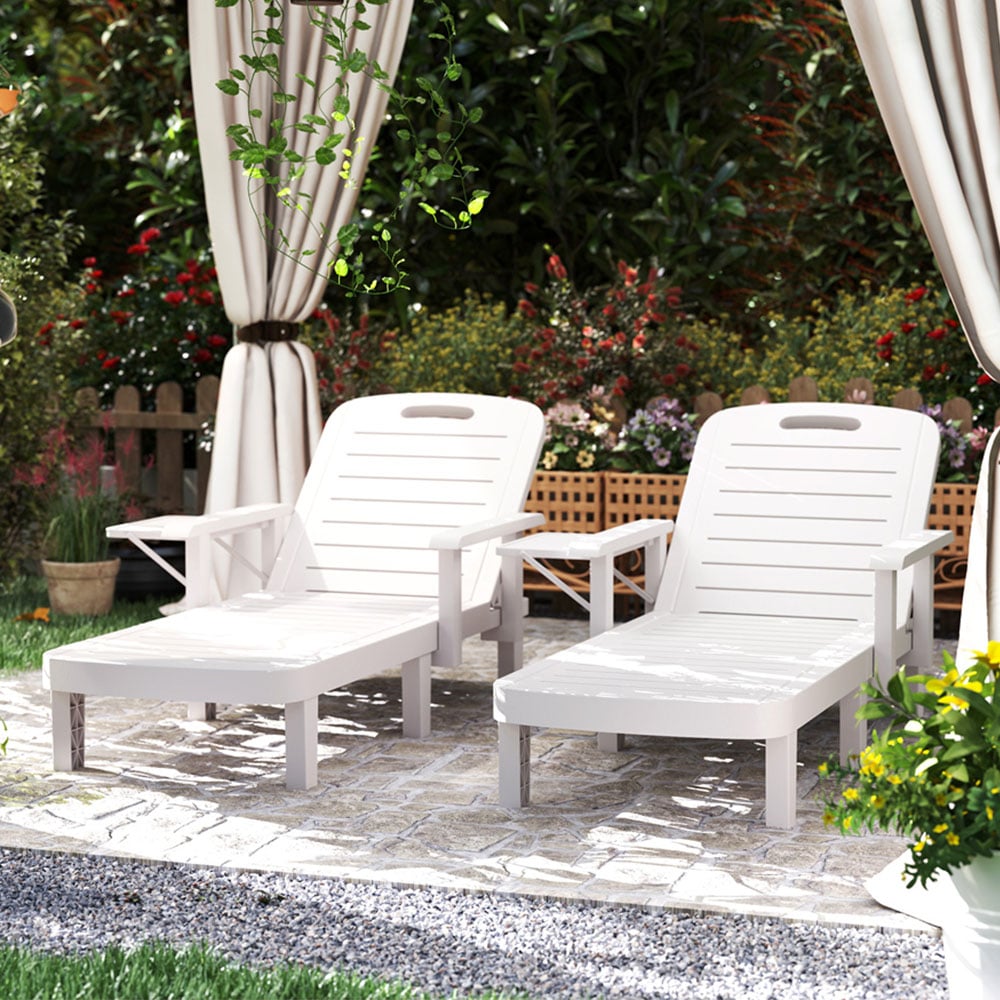 Outsunny Set of 2 White Resin Sun Lounger with Side Table Image 1