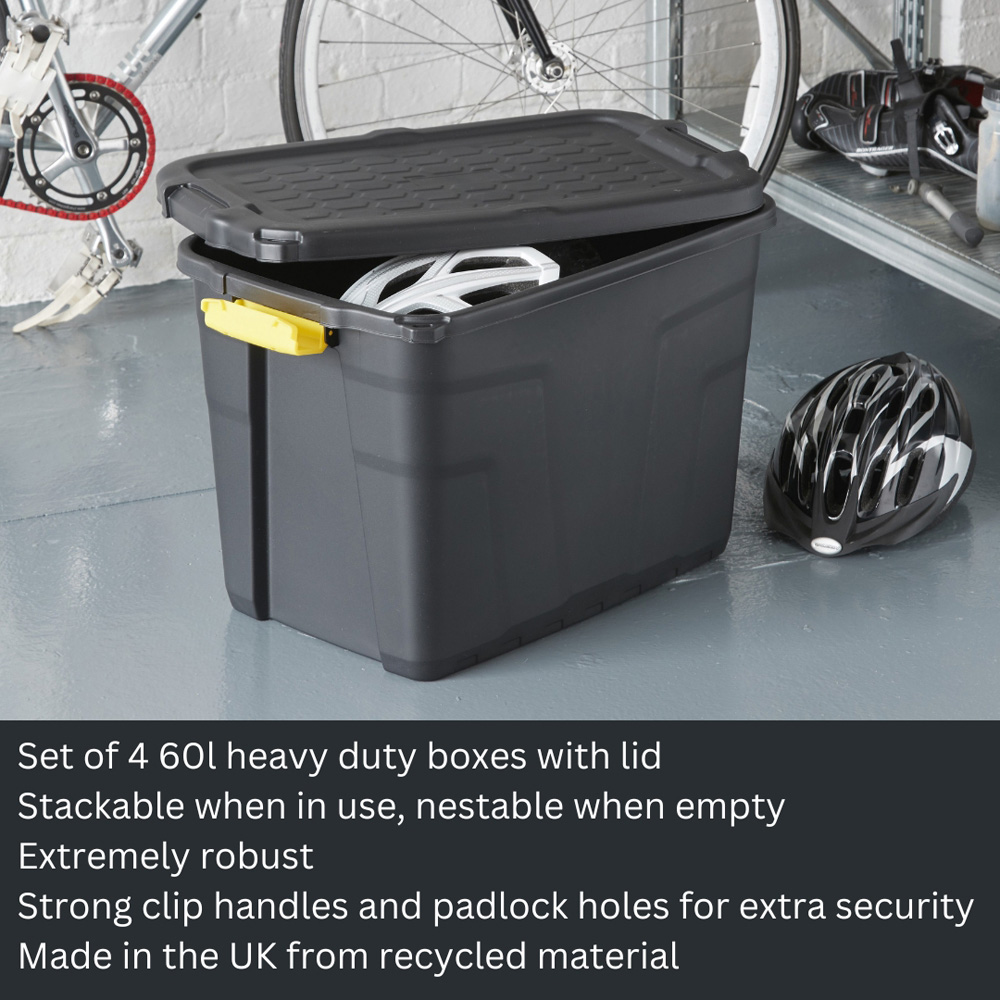 Strata 60L Black and Yellow Heavy Duty Storage Box with Lid 4 Pack Image 5