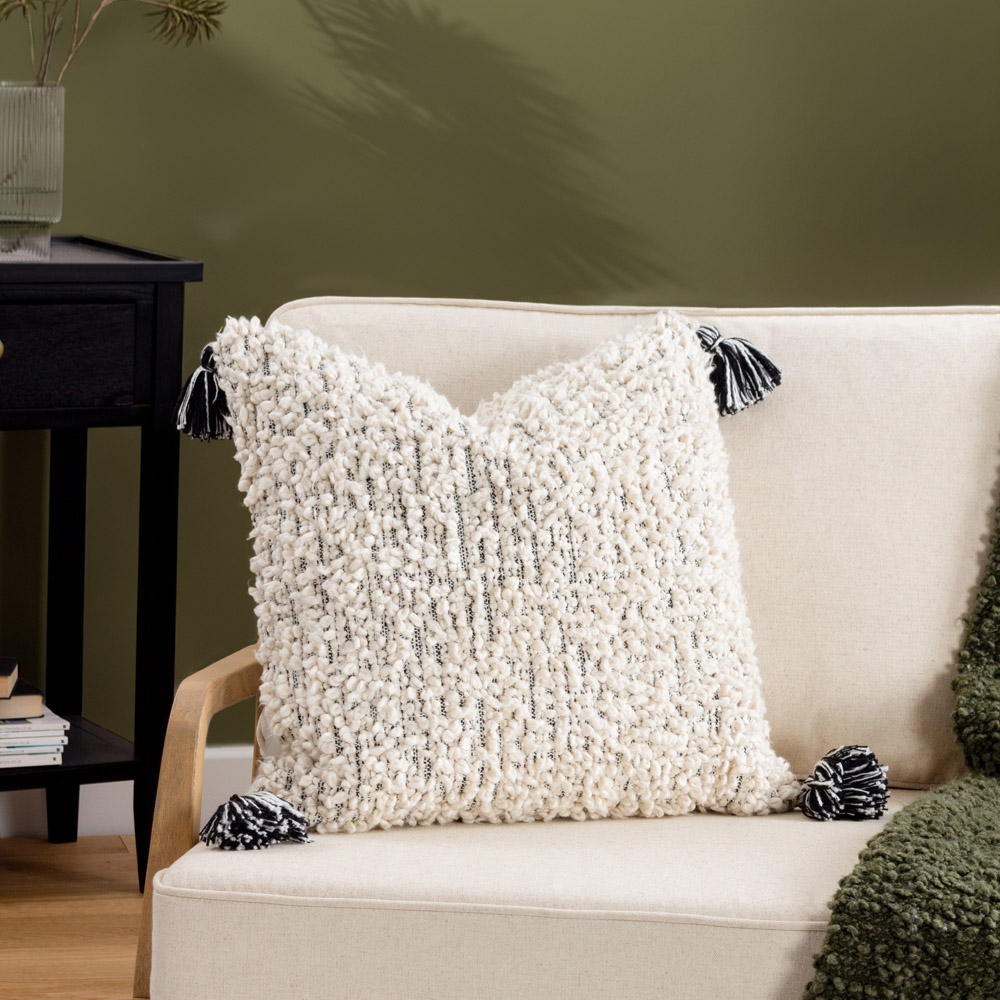 Hoem Cambre Mono Boucle Tasselled Cushion Image 2