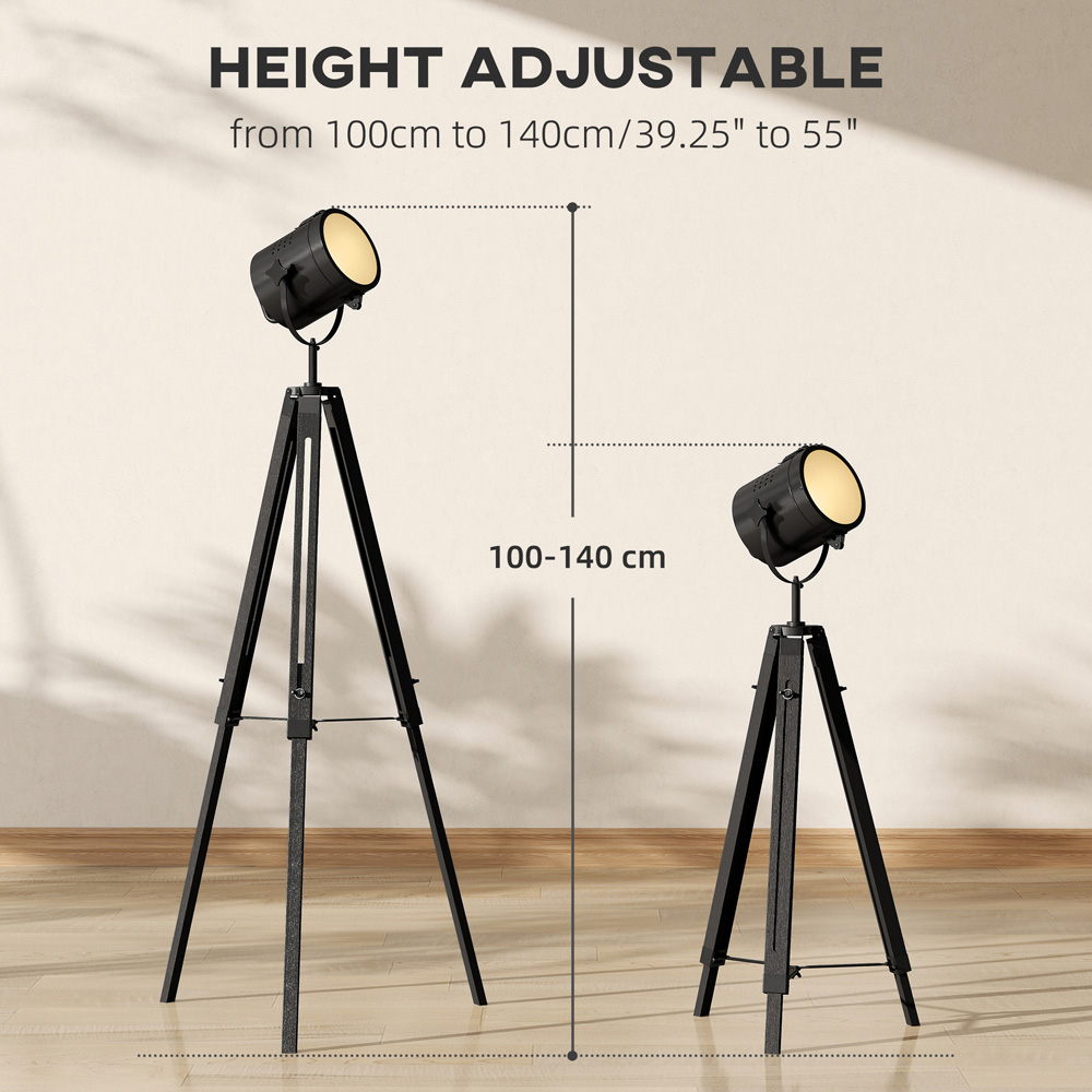 HOMCOM Black Wooden Industrial Tripod Floor Lamp Image 8