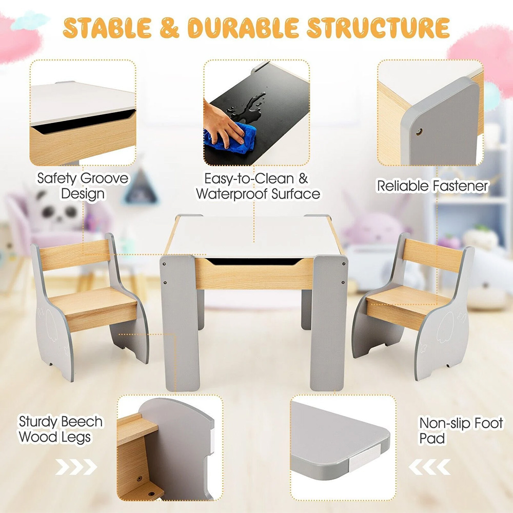 Costway 4 in 1 Grey Wooden Kids Table and Chair Set Image 8