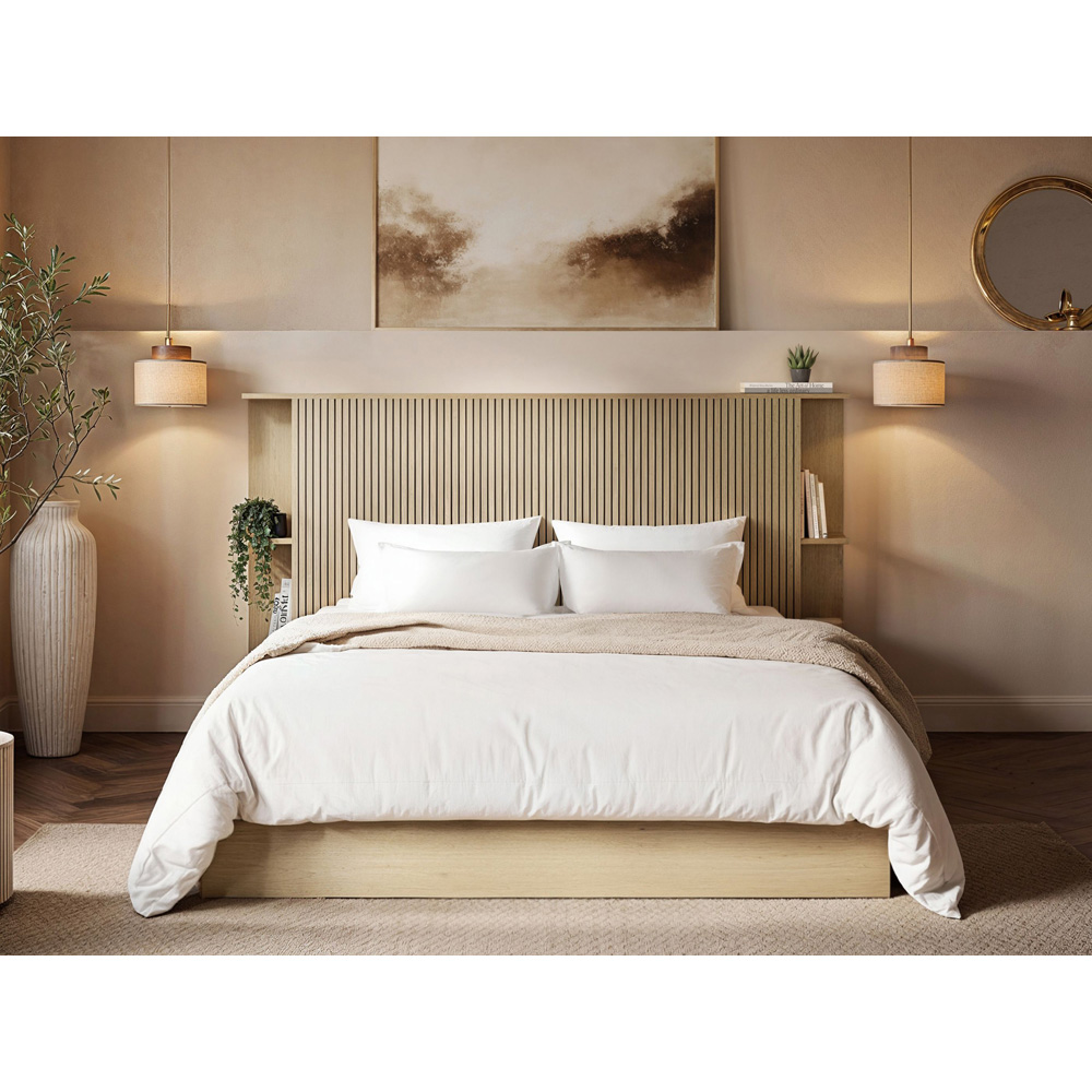SOLACE+CO Zora King Size Oak Lift-Up Ottoman Bed with Headboard Shelf Image 6
