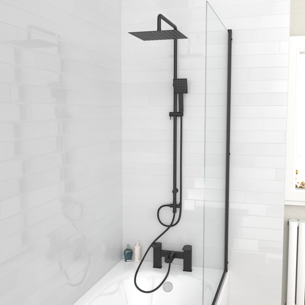 Nes Home Kenton Matte Black Square Riser Rail Shower Kit with Bath Filler Tap with Handset Image 2