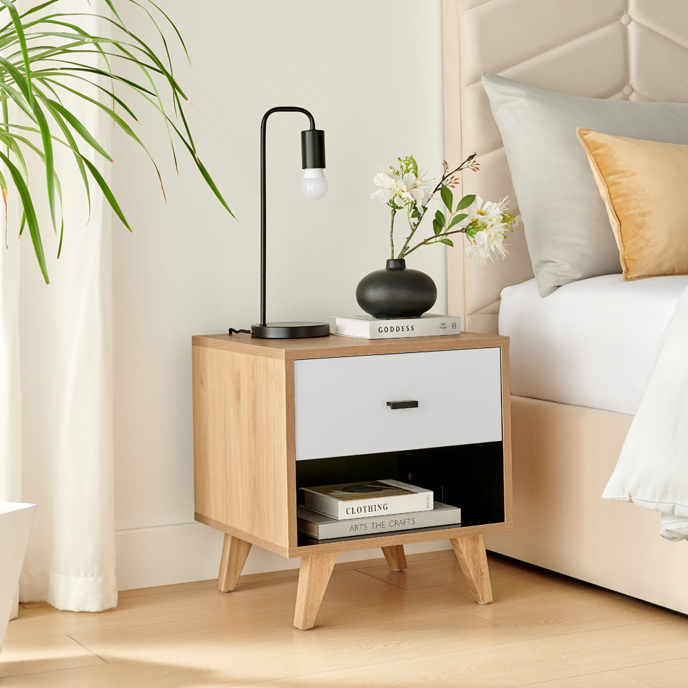 Furniturebox Billet Single Drawer Single Shelf Off White and Wood Effect Bedside Table Image 7