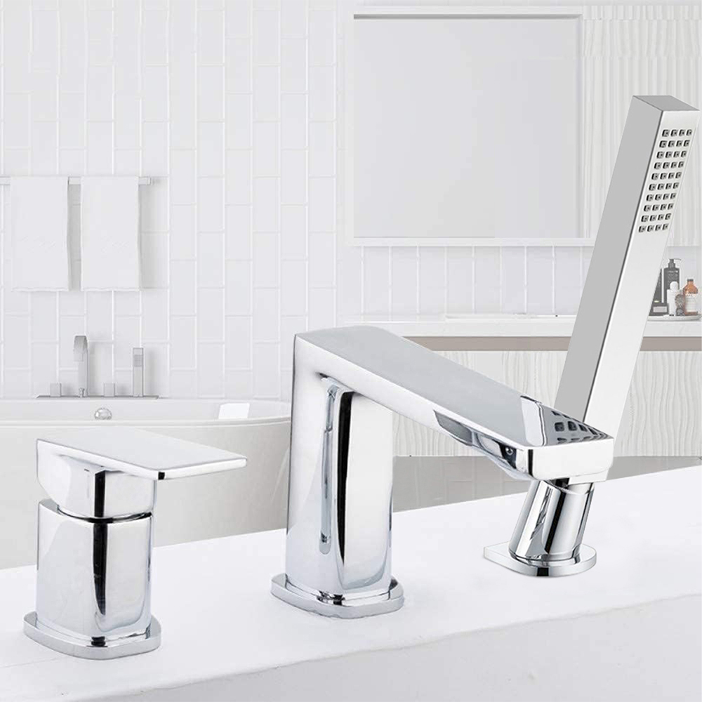 Nes Home Finley 3 Tap Hole Chrome Bath Filler with Shower Handset Mixer Image 2