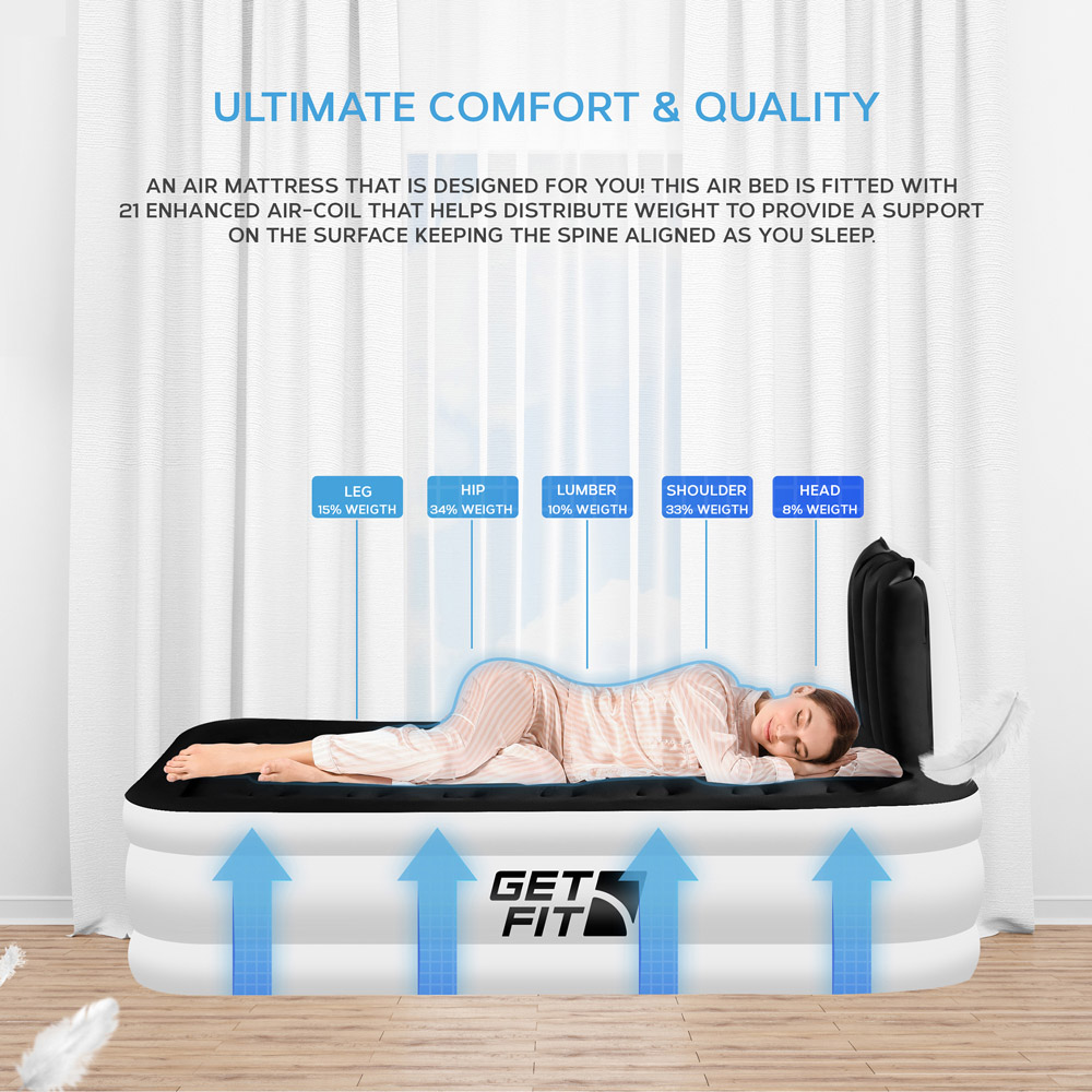 Get Fit White Black Single Inflatable Air Bed with Built-in Electric Pump and Headboard Image 5