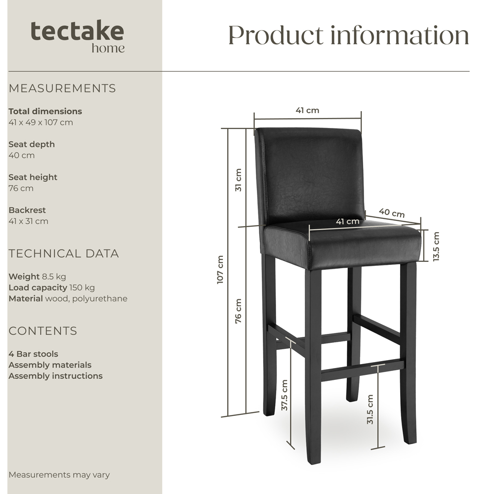 Tectake Black Leather Padded Bar Stool Set of 4 Image 8