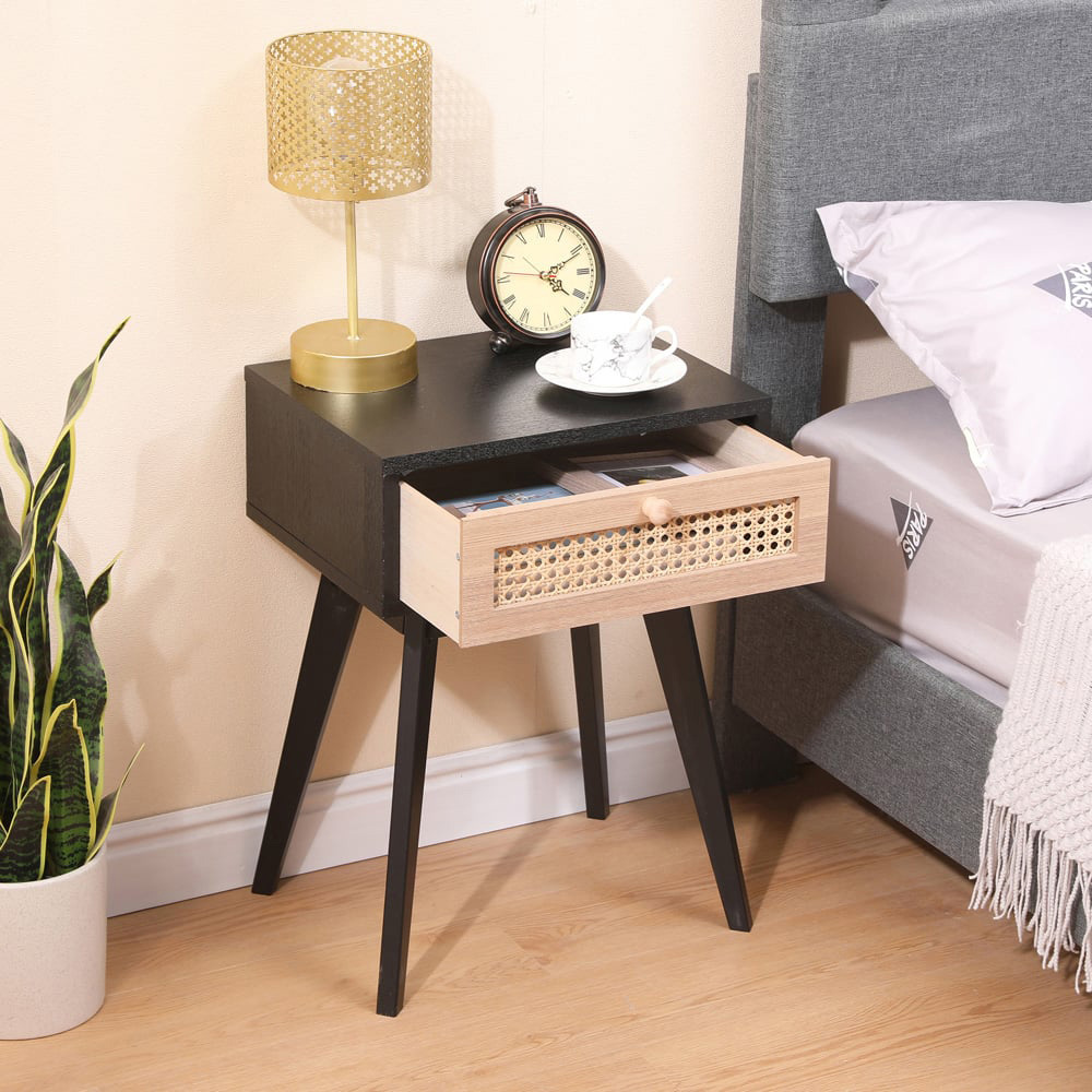 FurnitureHMD Single Drawer Black and Natural Rattan Weaving Side Table with Pine Wood Legs Image 8