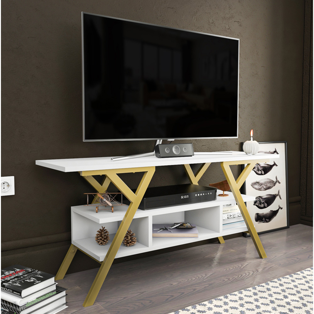 Decorotika Minerva Decorative 4 Open Shelf Gold and White TV Unit Image 6