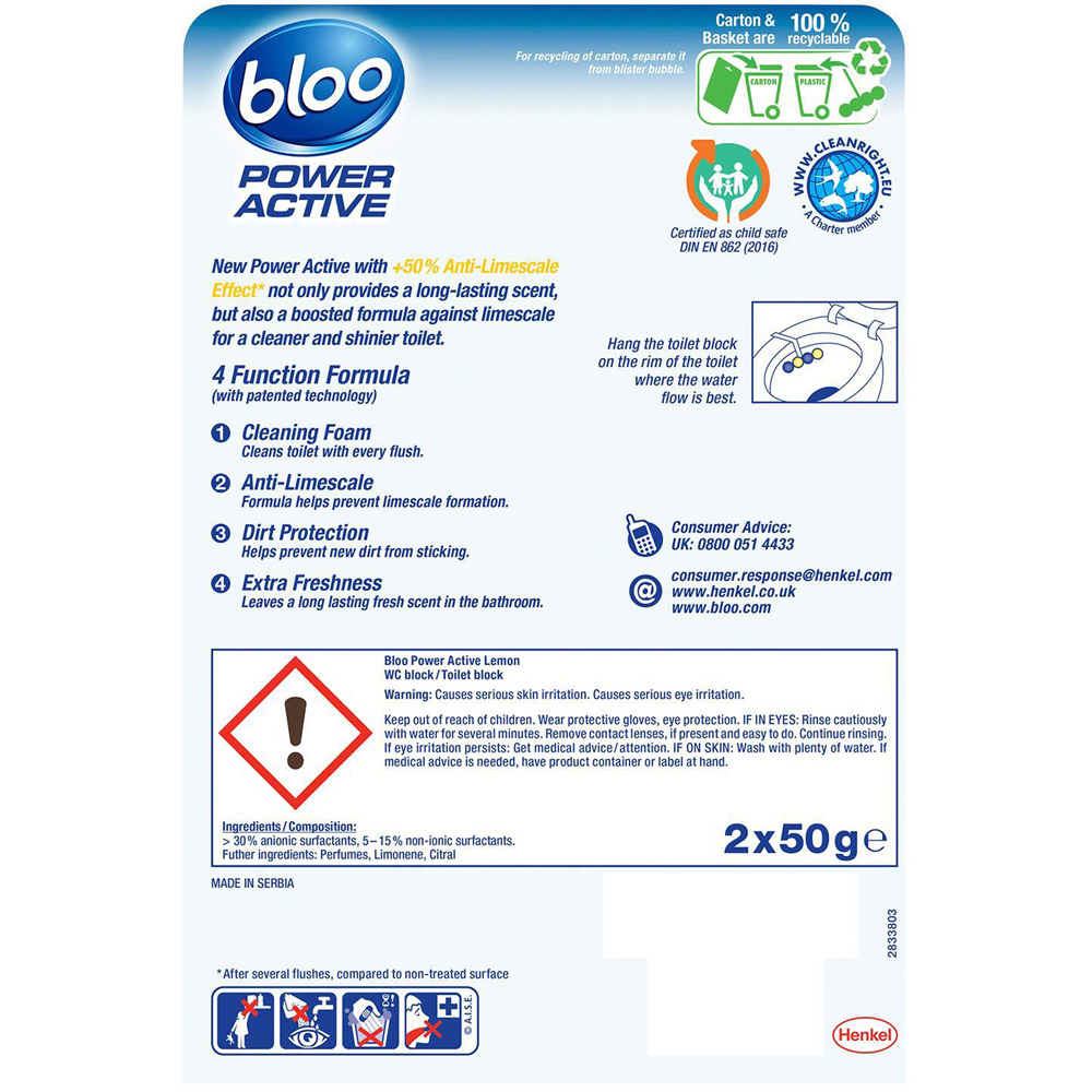 Bloo Power Active Plus Lemon Anti Limescale Effect Toilet Rim Block 2 x 50g 6 Pack Image 3