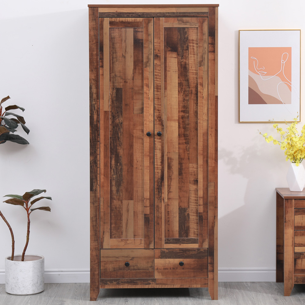 FurnitureHMD 2 Door 2 Drawer Industrial Style Wooden Wardrobe Image 1