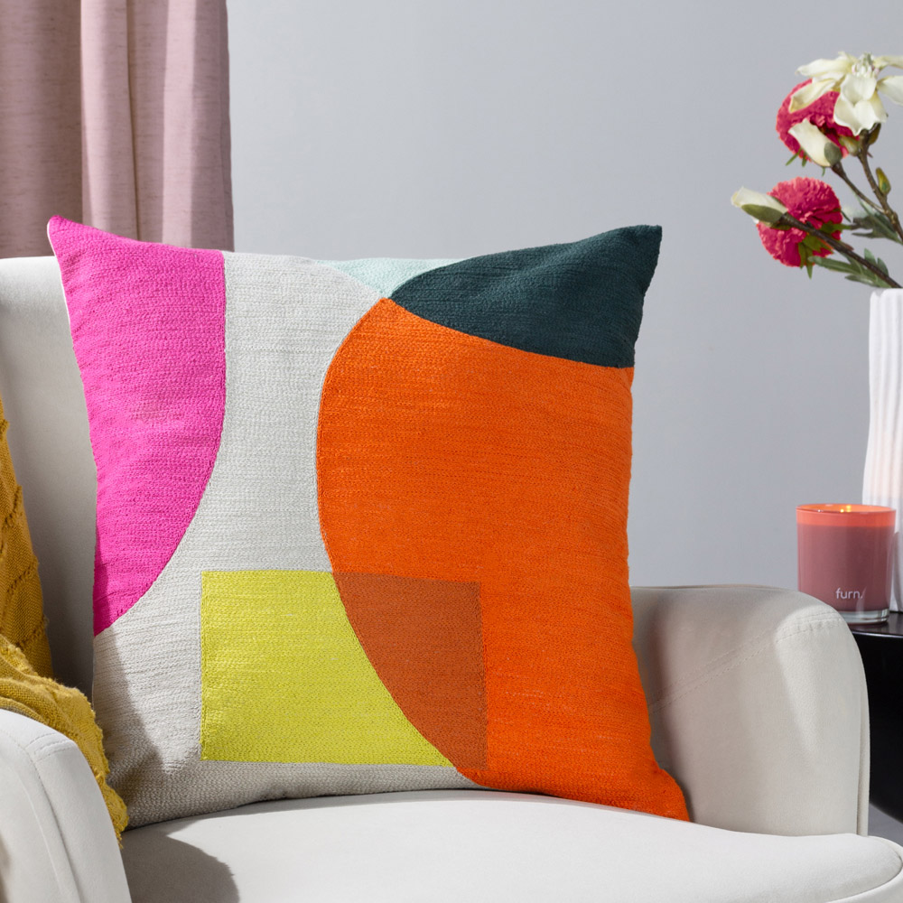 furn. Anjo Natural Multicolour Geometric Crewel Cushion Image 2