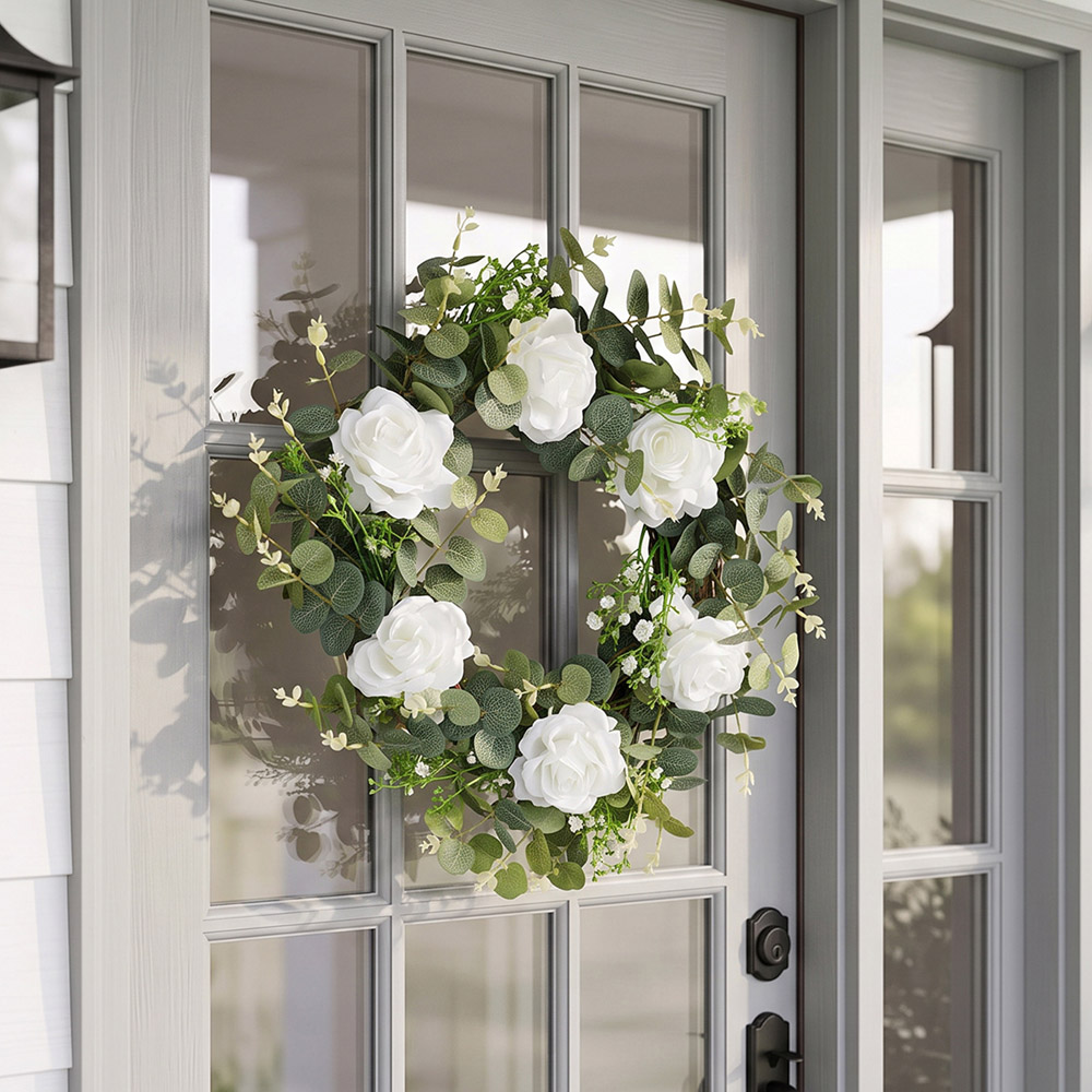 Living and Home Artificial White Rose and Eucalyptus Door Wreath 50cm Image 7