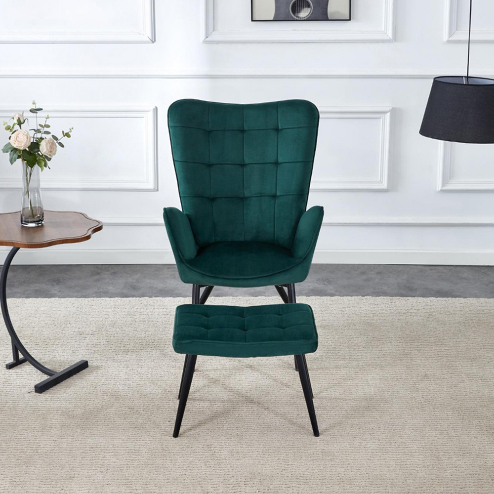 Portland Green Velvet Lounge Chair with Footstool Image 3
