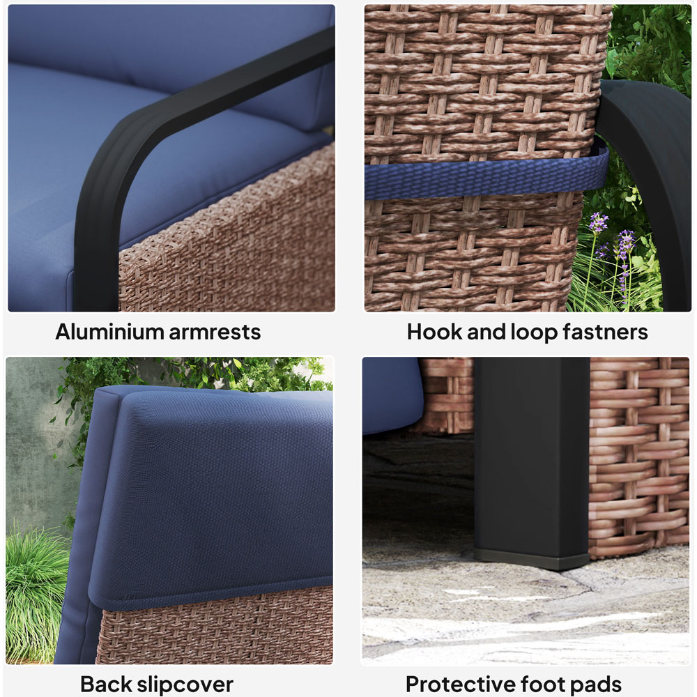 Outsunny Brown and Blue Rattan Garden Recliner Chair Sun Lounger with Side Tray Image 8