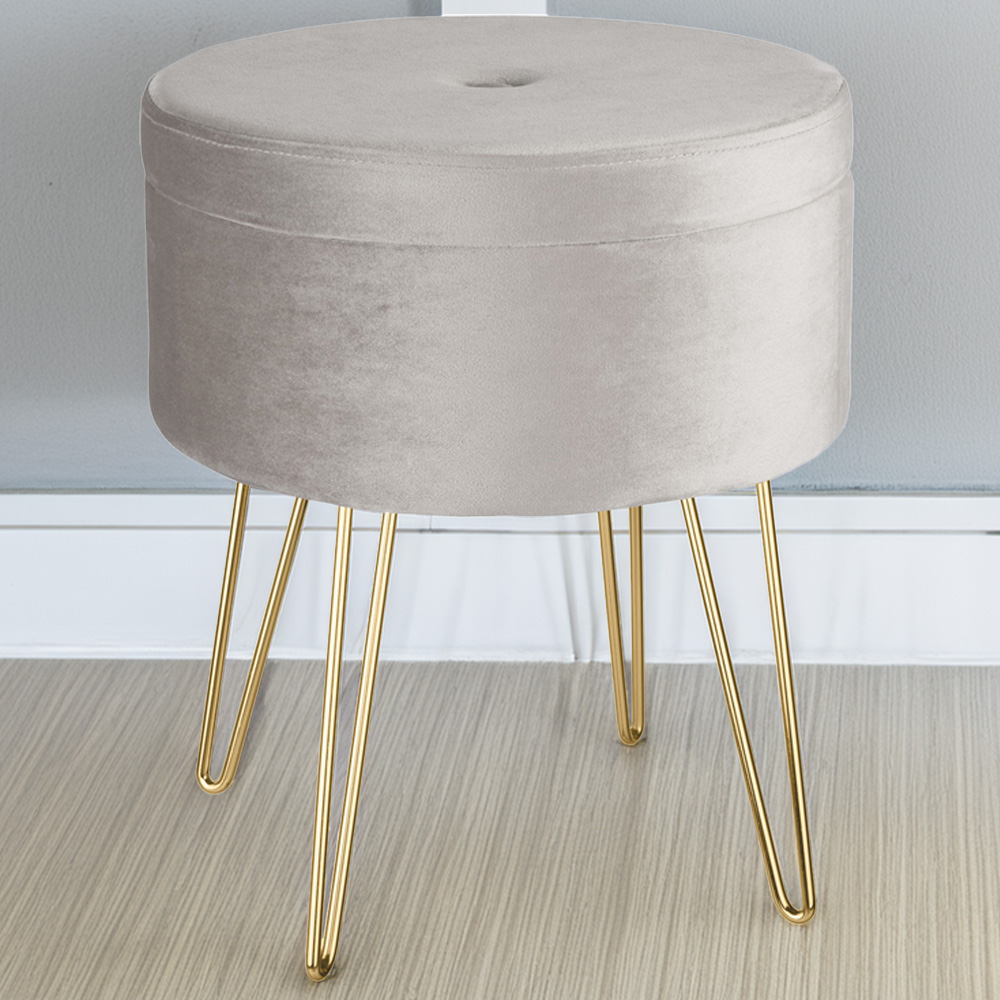 tectake Ava Light Grey Velvet Look Padded Round Stool with Storage Image 1