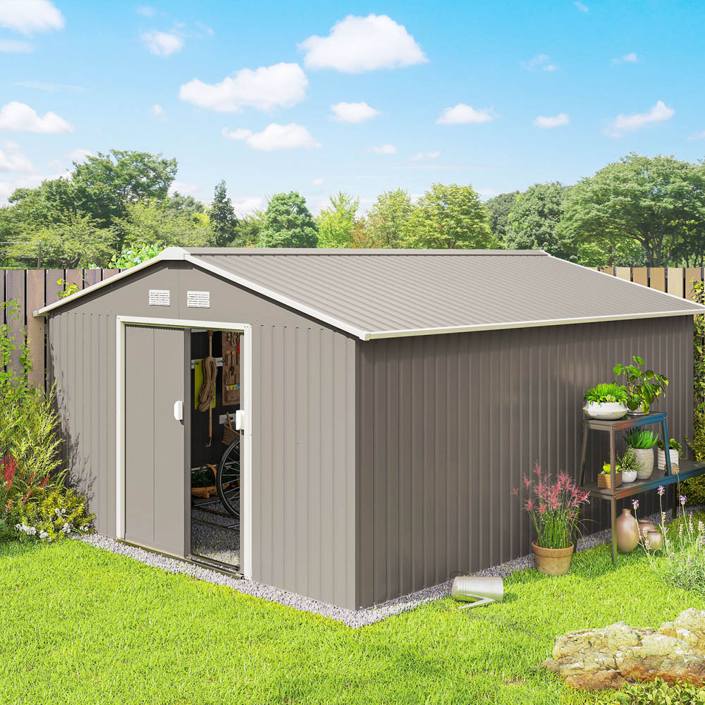 Outsunny 13 x 11ft Light Grey Metal Apex Garden Shed Image 2