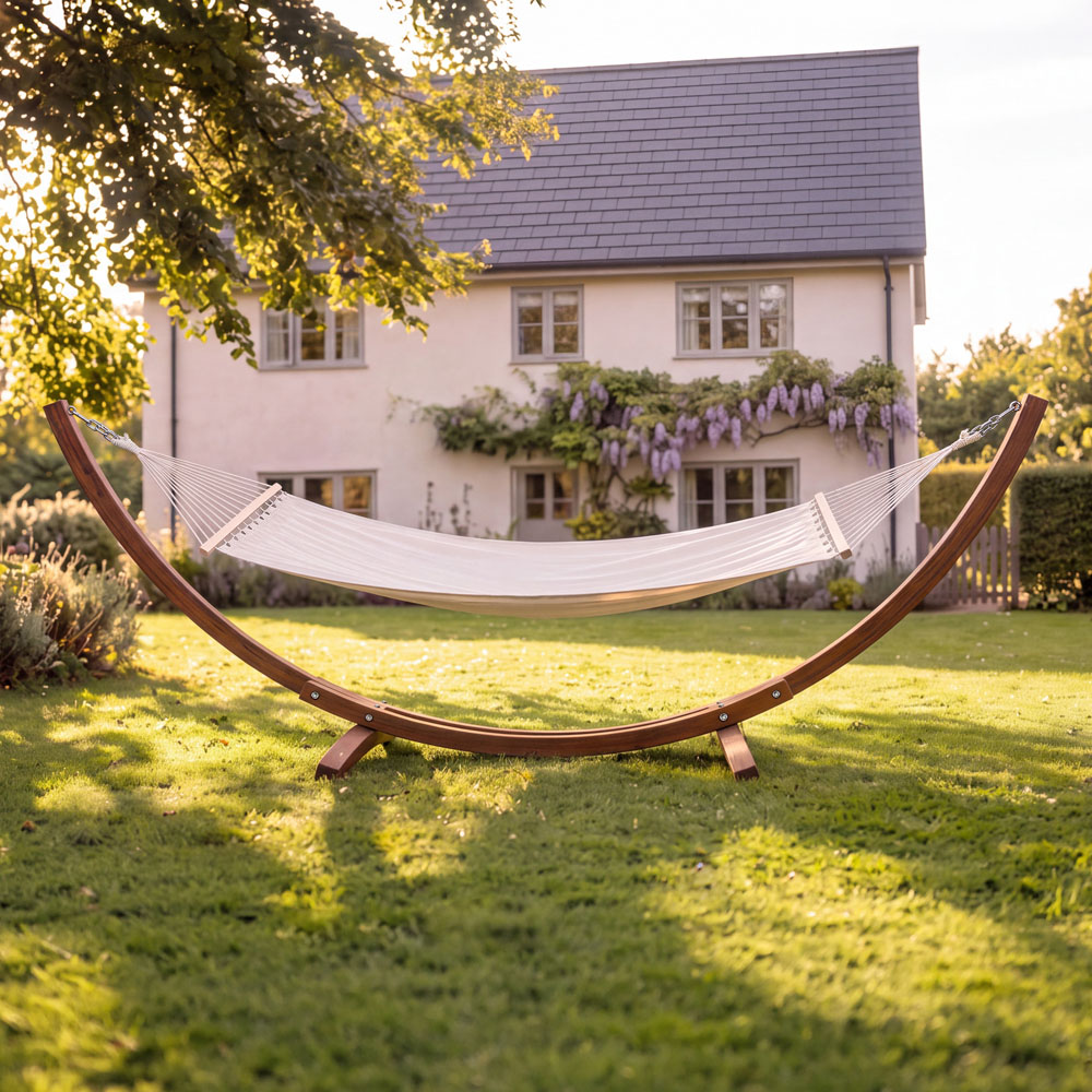 Charles Bentley Cream Canvas Hammock with Wooden Arc Stand Image 7