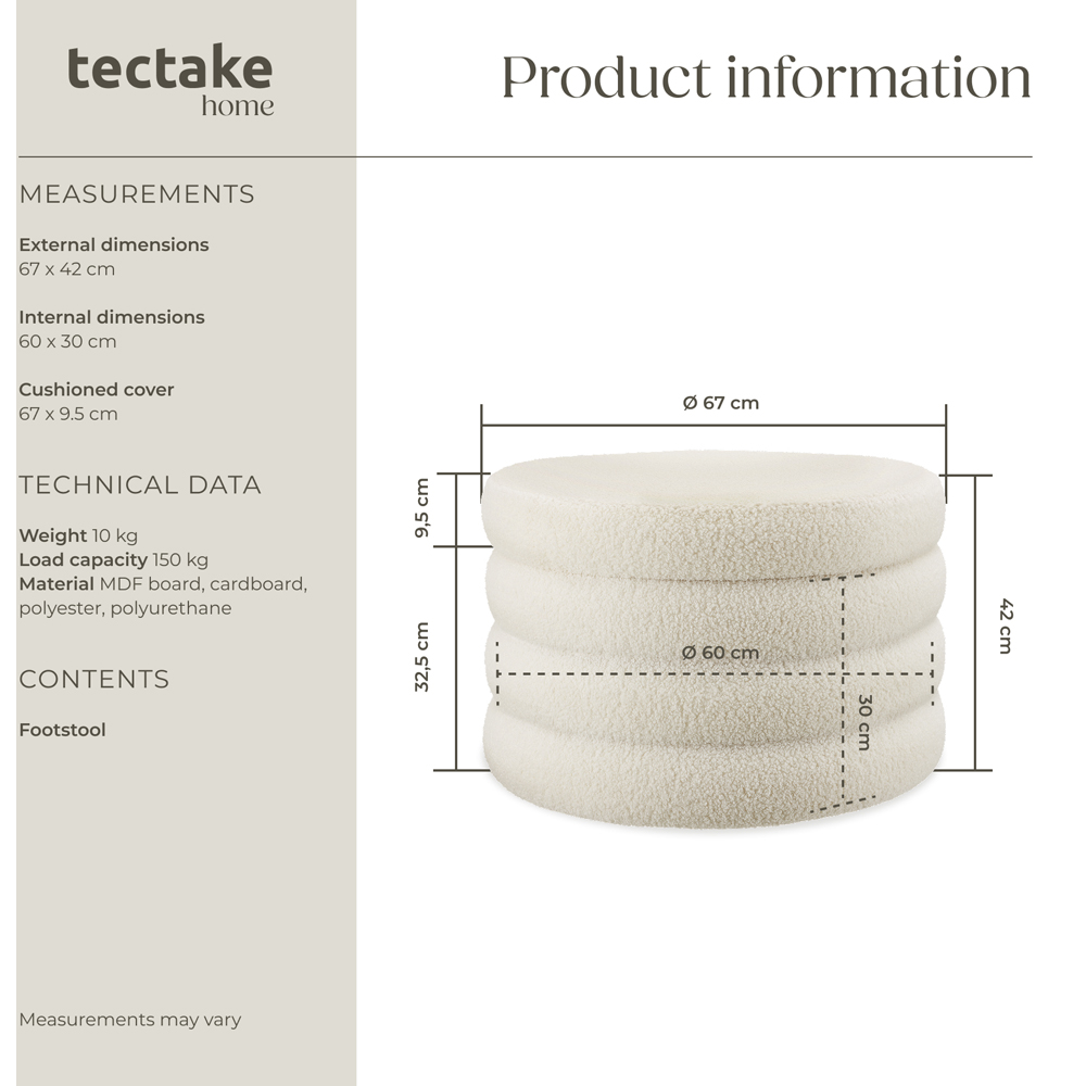 tectake Altu XL Cream White Boucle Storage Footstool Image 9