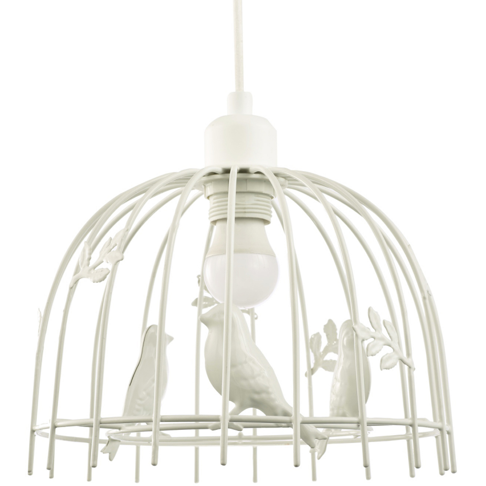 Happy Homewares White Gloss Metal Birdcage Birds and Leaves Shabby Chic Pendant Shade Image 1