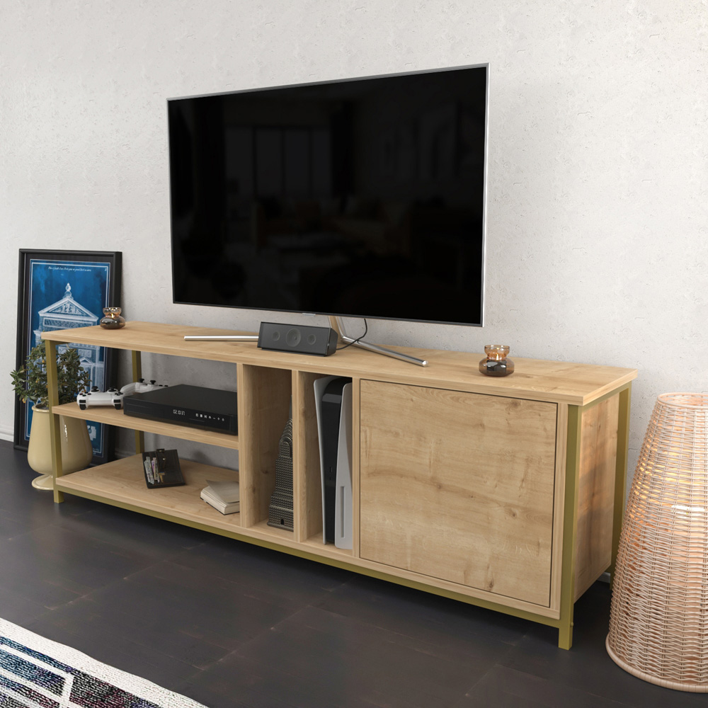 Decorotika Oneida Single Door 4 Shelf Gold and Oak TV Unit Image 5